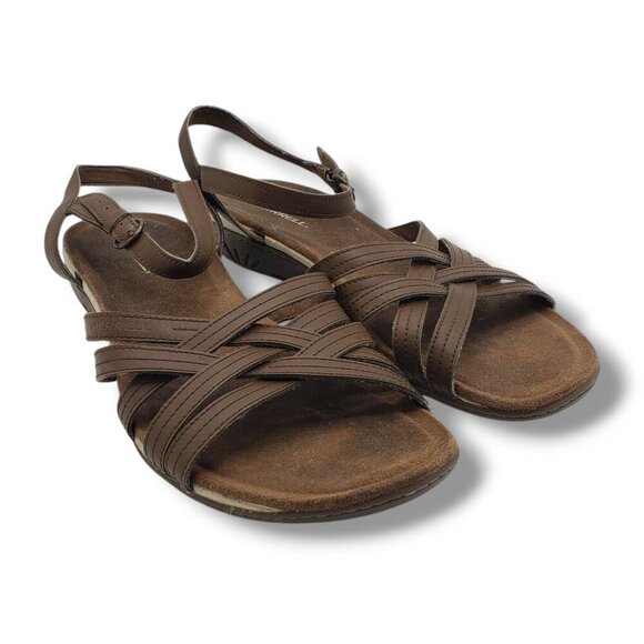 Merrell Earth Sandals Womens 11 Leather Criss Cross Buckle Brown‎ - Picture 3 of 9